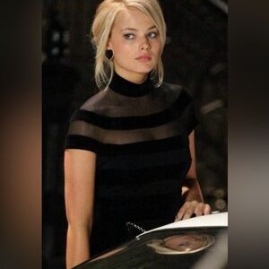 Sak’s Tadashi Shoji Black Gown Sheer Bodice Maxi Dress Wide Skirt Floor Sz 12